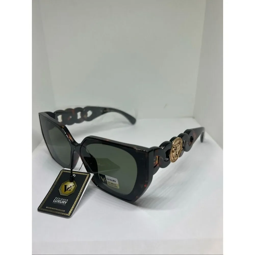Oversized Tortoise Shell Sunglasses Gold Medallion Chain Arm Designer Style